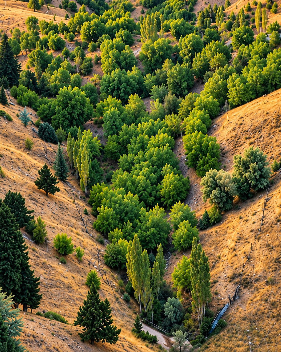 Una valle verde ricoperta di alberi, circondata da pendii dorati