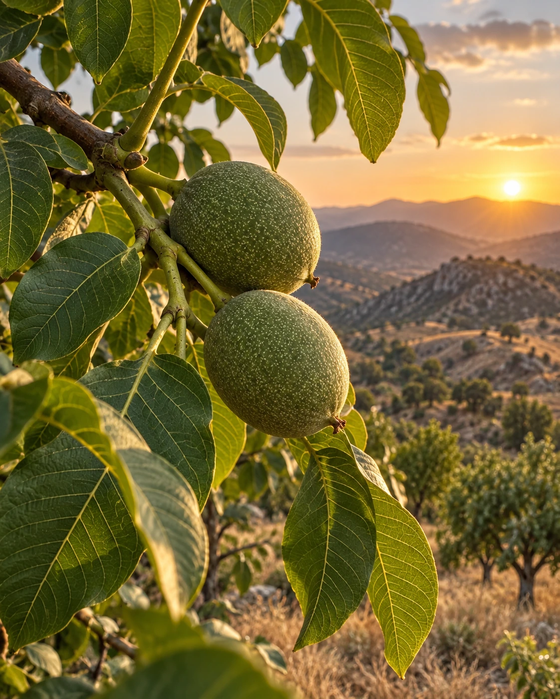 A walnut branch against mountains, adapted from orchard photographs